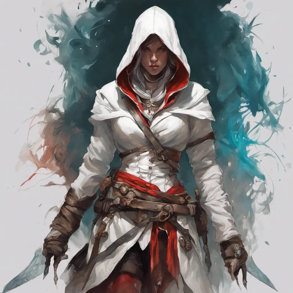 White hooded female assassin from Assassin's Creed, Highly Detailed, Vibrant Colors, Ink Art, Fantasy, Dark by Peter Mohrbacher