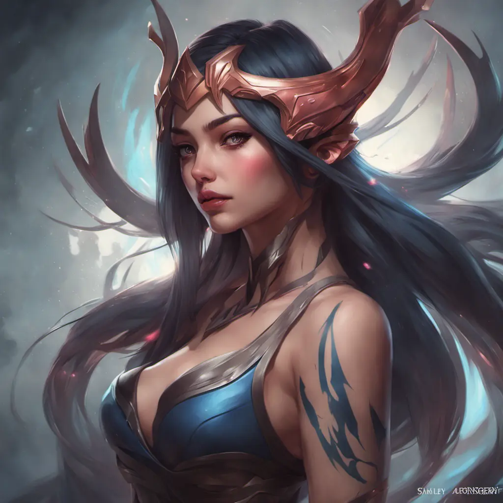 Matte portrait of Irelia from League of Legends with tattoos, 8k, Highly Detailed, Powerful, Alluring, Artstation, Magical, Digital Painting, Photo Realistic, Sharp Focus, Volumetric Lighting, Concept Art by Stanley Artgerm Lau, Alphonse Mucha, Greg Rutkowski