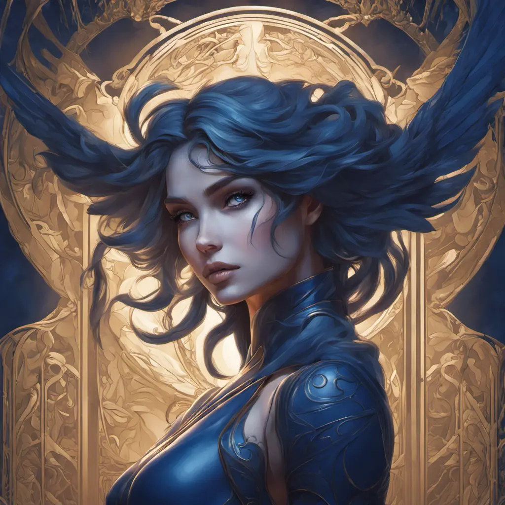 Alluring matte portrait of the beautiful Kayle in dark blue, 8k, Highly Detailed, Intricate, Realistic, Sharp Focus, Volumetric Lighting, Fantasy, Elegant by Stanley Artgerm Lau, Alphonse Mucha, WLOP, Stefan Kostic