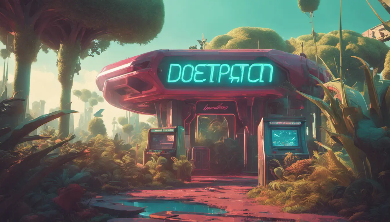 80s futuristic outdoor retro arcade, desolate, lush vegetation, Highly Detailed, Intricate, Artstation, Sharp Focus, Smooth, Octane Render, Centered, Dynamic, Elegant by Beeple, Justin Gerard, James Gilleard, Simon Stalenhag