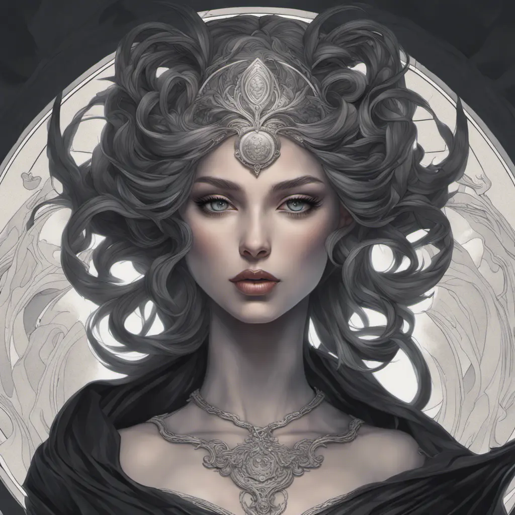 Alluring matte portrait of the beautiful goddess Selene in black, 8k, Highly Detailed, Intricate, Realistic, Sharp Focus, Volumetric Lighting, Fantasy, Elegant by Stanley Artgerm Lau, Alphonse Mucha, WLOP