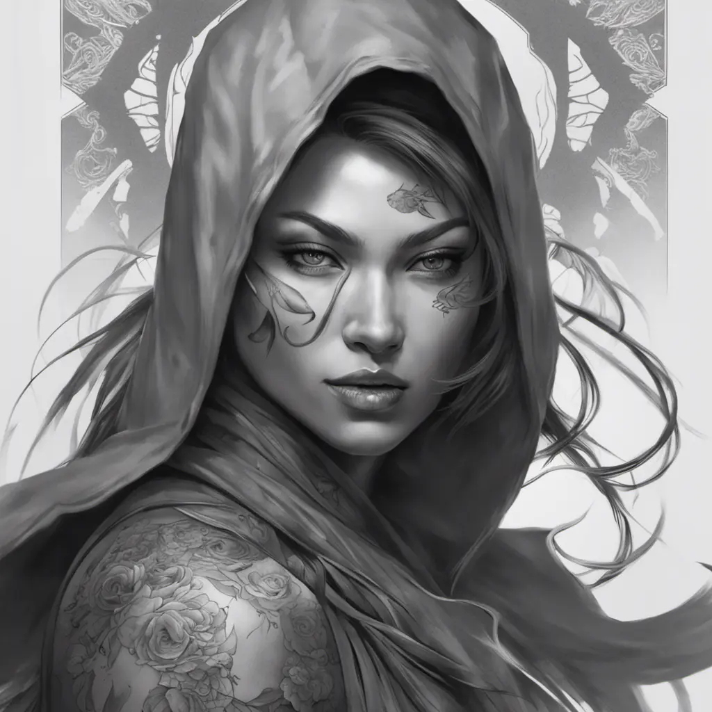 Grayscale matte portrait of a beautiful female ninja with tattoos, 4k, Highly Detailed, Powerful, Alluring, Artstation, Magical, Digital Painting, Photo Realistic, Sharp Focus, Volumetric Lighting, Concept Art by Stanley Artgerm Lau, Alphonse Mucha, Greg Rutkowski