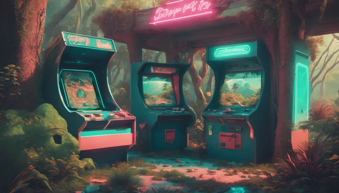 80s futuristic outdoor retro arcade, desolate, lush vegetation, Highly Detailed, Intricate, Artstation, Sharp Focus, Smooth, Octane Render, Centered, Dynamic, Elegant by Beeple, Justin Gerard, James Gilleard, Simon Stalenhag