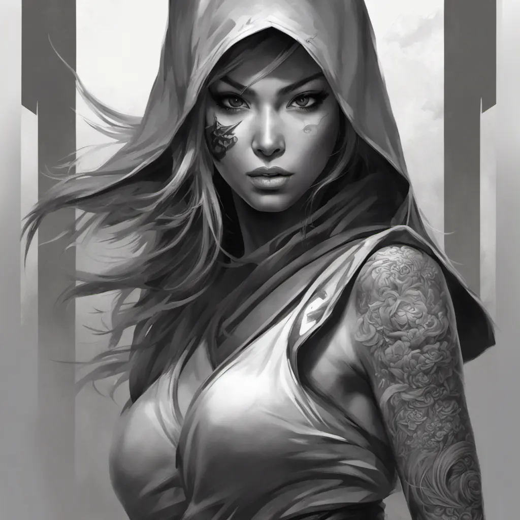 Grayscale matte portrait of a beautiful female ninja with tattoos, 4k, Highly Detailed, Powerful, Alluring, Artstation, Magical, Digital Painting, Photo Realistic, Sharp Focus, Volumetric Lighting, Concept Art by Stanley Artgerm Lau, Alphonse Mucha, Greg Rutkowski