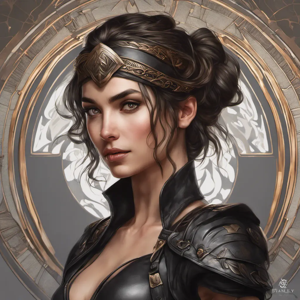 Alluring matte portrait of a beautiful Kassandra wearing black leather, 8k, Highly Detailed, Intricate, Half Body, Realistic, Sharp Focus, Volumetric Lighting, Fantasy, Elegant by Stanley Artgerm Lau, Alphonse Mucha, WLOP, Stefan Kostic