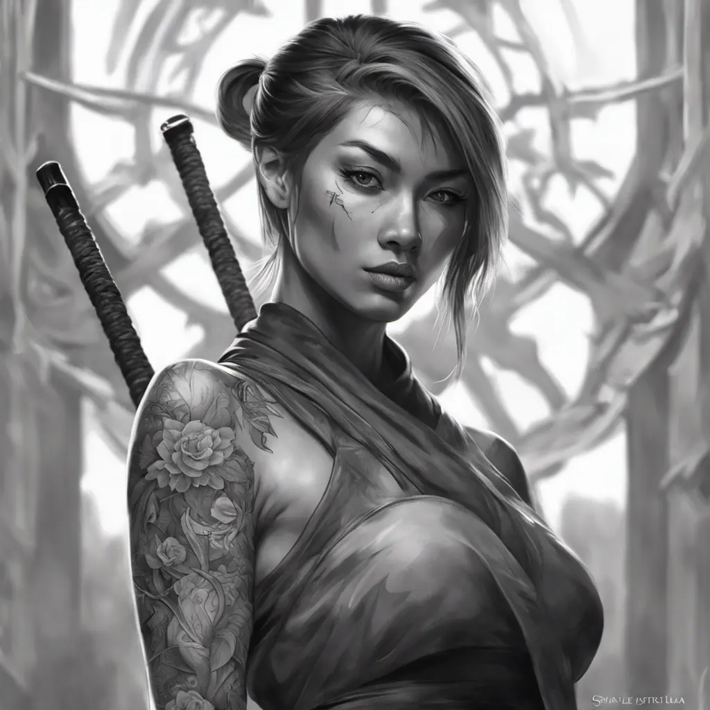 Grayscale matte portrait of a beautiful female ninja with tattoos, 4k, Highly Detailed, Powerful, Alluring, Artstation, Magical, Digital Painting, Photo Realistic, Sharp Focus, Volumetric Lighting, Concept Art by Stanley Artgerm Lau, Alphonse Mucha, Greg Rutkowski