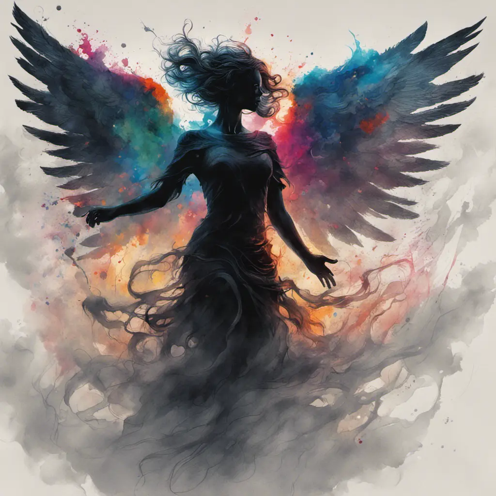 Silhouette of an Angel emerging from the fog of war, ink splash, Highly Detailed, Vibrant Colors, Ink Art, Fantasy, Dark by Stanley Artgerm Lau