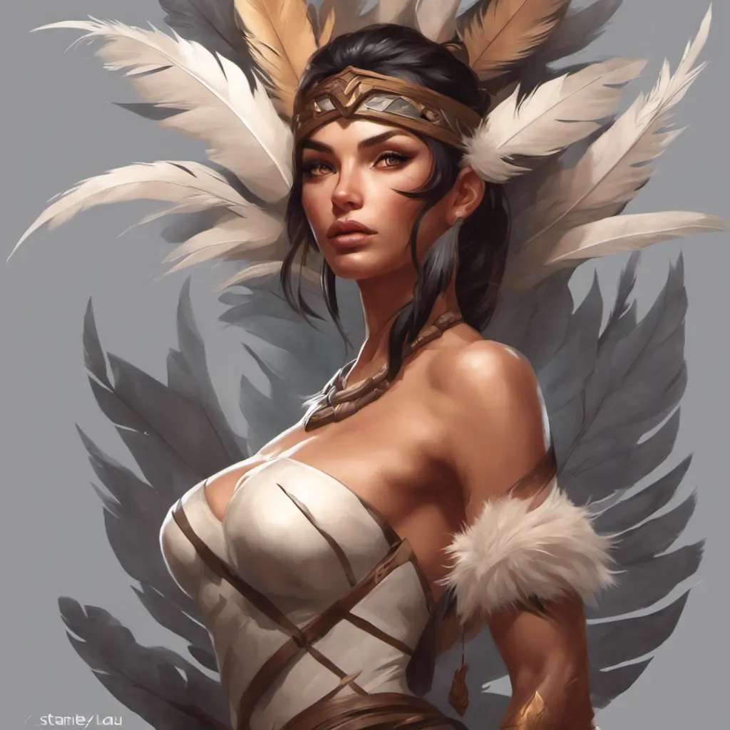 Alluring matte portrait of a beautiful Nidalee wearing feathers, 8k, Highly Detailed, Intricate, Half Body, Realistic, Sharp Focus, Volumetric Lighting, Fantasy, Elegant by Stanley Artgerm Lau, Alphonse Mucha, WLOP