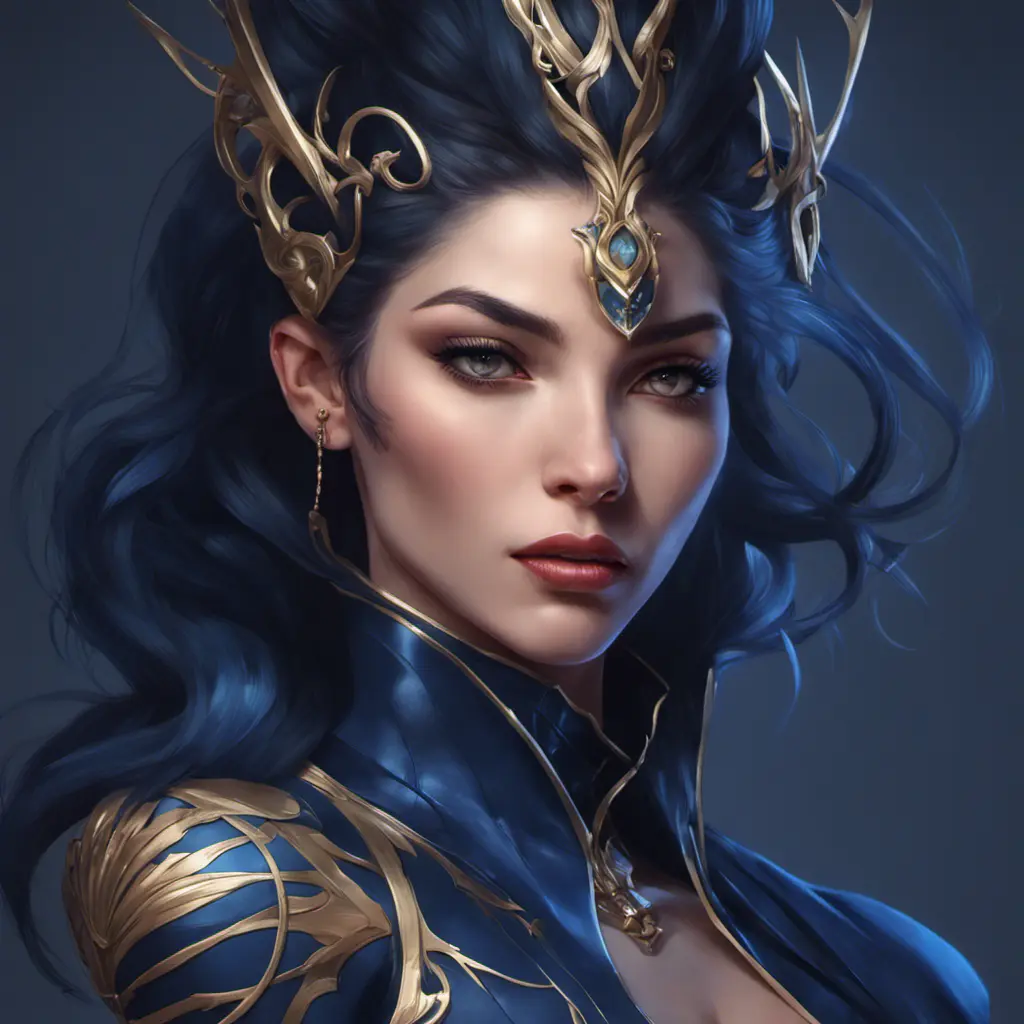 Alluring matte portrait of a beautiful Vayne in dark blue, 8k, Highly Detailed, Intricate, Half Body, Realistic, Sharp Focus, Volumetric Lighting, Fantasy, Elegant by Stanley Artgerm Lau, Alphonse Mucha, WLOP, Stefan Kostic