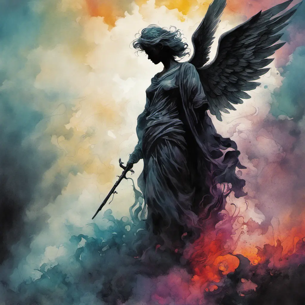 Silhouette of an Angel emerging from the fog of war, ink splash, Highly Detailed, Vibrant Colors, Ink Art, Fantasy, Dark by Stanley Artgerm Lau