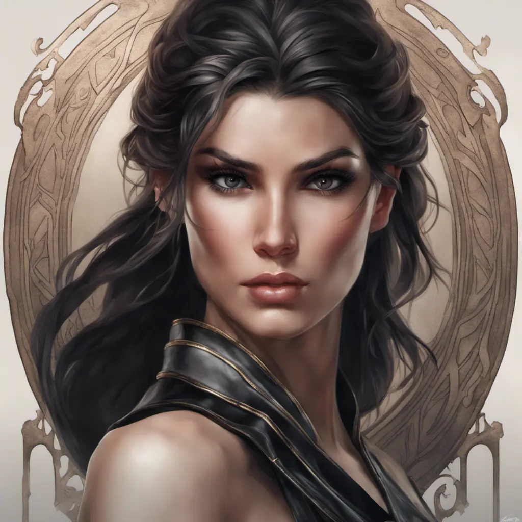 Alluring matte portrait of a beautiful Kassandra wearing black leather, 8k, Highly Detailed, Intricate, Half Body, Realistic, Sharp Focus, Volumetric Lighting, Fantasy, Elegant by Stanley Artgerm Lau, Alphonse Mucha, WLOP, Stefan Kostic