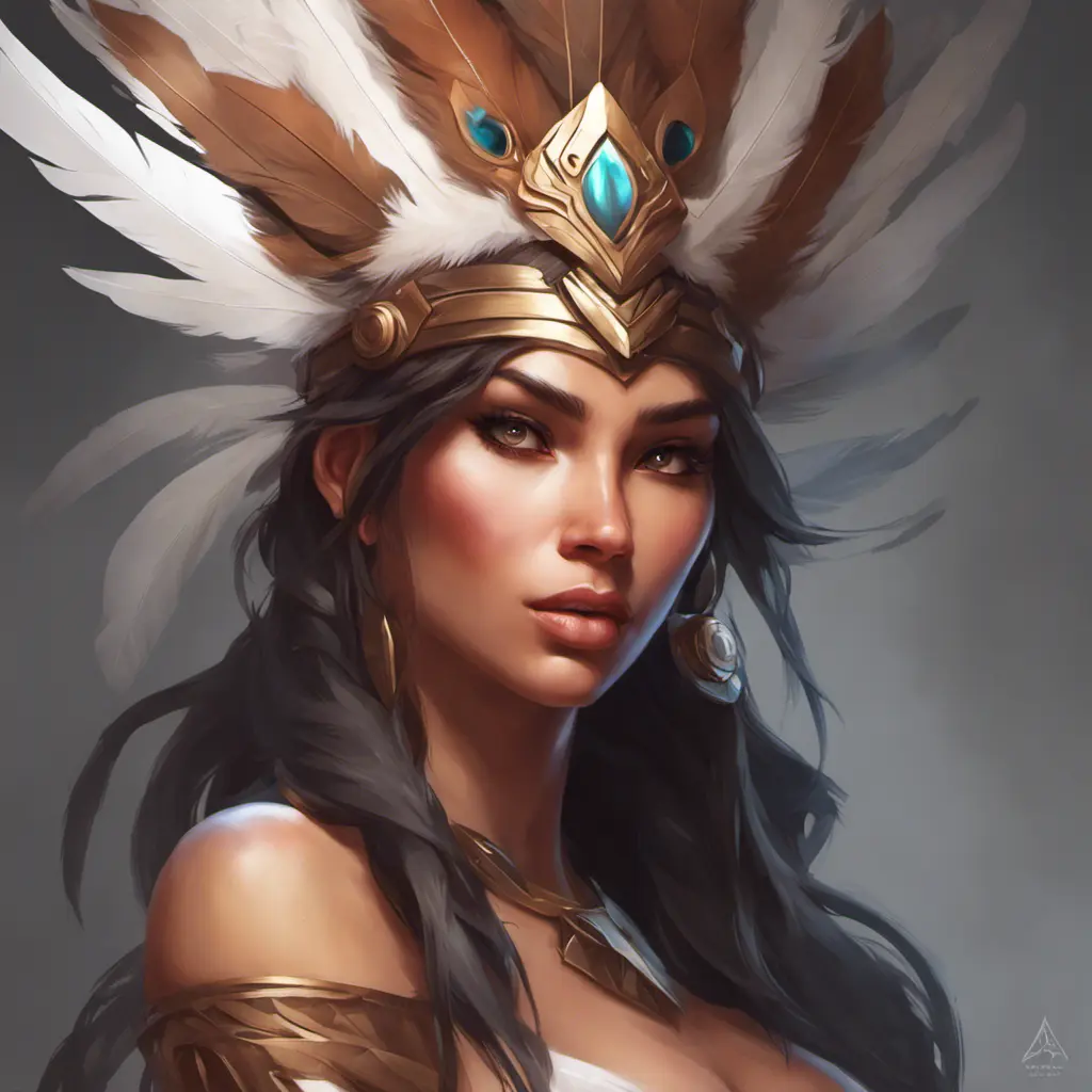 Alluring matte portrait of a beautiful Nidalee wearing feathers, 8k, Highly Detailed, Intricate, Half Body, Realistic, Sharp Focus, Volumetric Lighting, Fantasy, Elegant by Stanley Artgerm Lau, Alphonse Mucha, WLOP