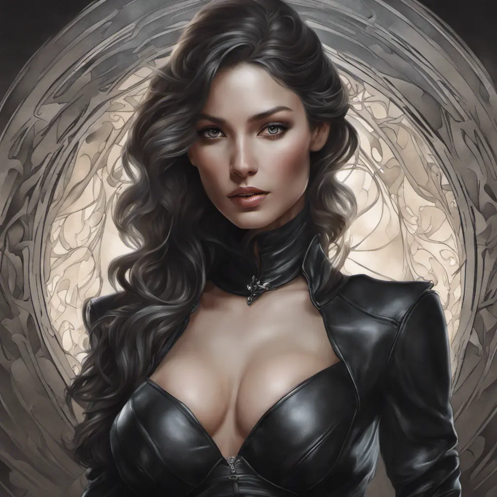 Alluring matte portrait of a beautiful A2 in black leather, 8k, Highly Detailed, Intricate, Half Body, Realistic, Sharp Focus, Volumetric Lighting, Fantasy, Elegant by Stanley Artgerm Lau, Alphonse Mucha, WLOP, Stefan Kostic