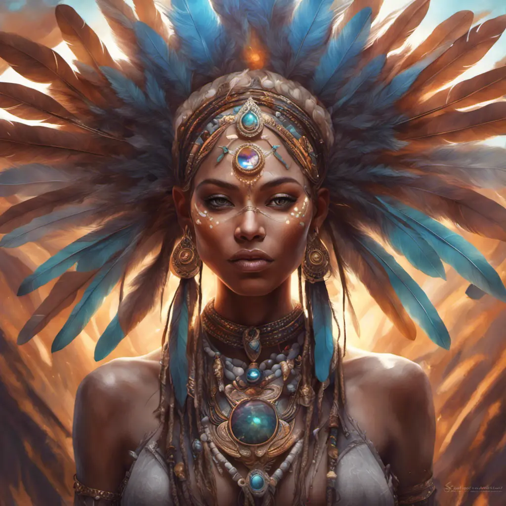 A visionary painting of a single alluring electronic mystical tribal goddess surrounded by feathers and gemstones, 8k, Highly Detailed, Intricate, Artstation, Matte Painting, Sharp Focus, Volumetric Lighting, Concept Art by Stanley Artgerm Lau, Greg Rutkowski