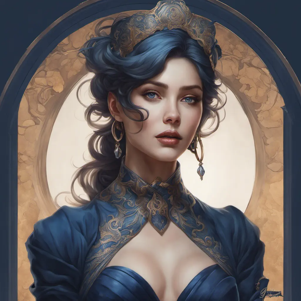 Alluring matte portrait of a beautiful A2 wearing dark blue, 8k, Highly Detailed, Intricate, Half Body, Realistic, Sharp Focus, Volumetric Lighting, Fantasy, Elegant by Stanley Artgerm Lau, Alphonse Mucha, WLOP, Stefan Kostic