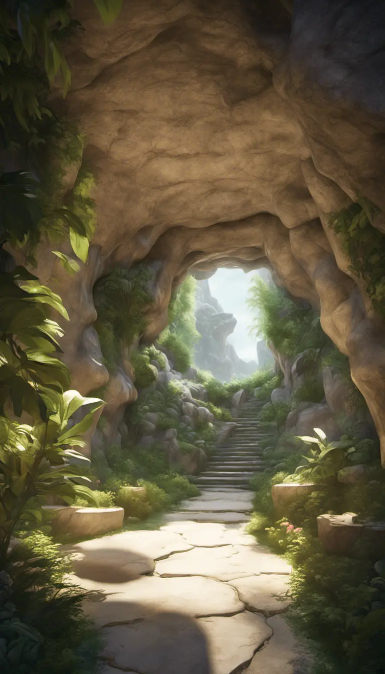 Arc hallway for secret overwatch habitation quarters carved inside a cave surrounding a lush garden, 8k, Trending on Artstation, Minimalism, Unimaginable Beauty, Sharp Focus, 3D Rendering, Unreal Engine, Natural Light, Concept Art, Naturalism