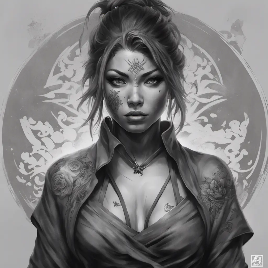 Grayscale matte portrait of a beautiful female ninja with tattoos, 4k, Highly Detailed, Powerful, Alluring, Artstation, Magical, Digital Painting, Photo Realistic, Sharp Focus, Volumetric Lighting, Concept Art by Stanley Artgerm Lau, Alphonse Mucha, Greg Rutkowski