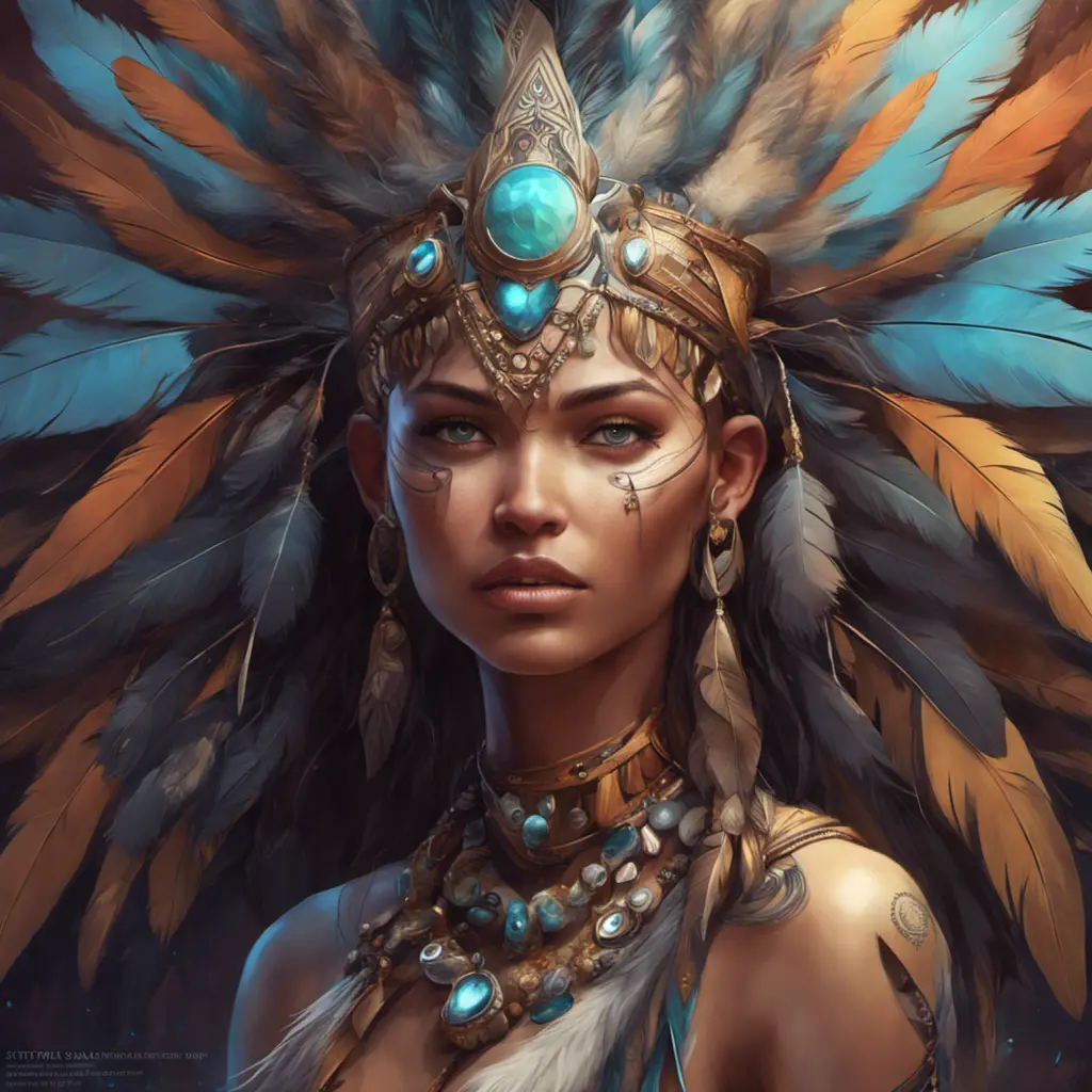 A visionary painting of a single alluring electronic mystical tribal goddess surrounded by feathers and gemstones, 8k, Highly Detailed, Intricate, Artstation, Matte Painting, Sharp Focus, Volumetric Lighting, Concept Art by Stanley Artgerm Lau, Greg Rutkowski