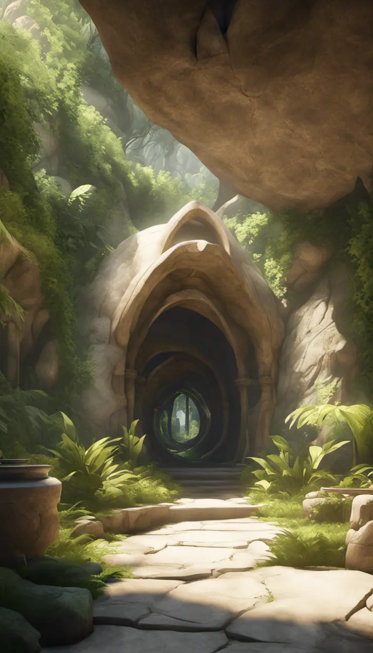 Arc hallway for secret overwatch habitation quarters carved inside a cave surrounding a lush garden, 8k, Trending on Artstation, Minimalism, Unimaginable Beauty, Sharp Focus, 3D Rendering, Unreal Engine, Natural Light, Concept Art, Naturalism