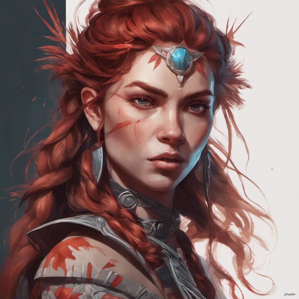 Alluring matte portrait of the beautiful Aloy in dark red, 8k, Highly Detailed, Intricate, Realistic, Sharp Focus, Volumetric Lighting, Fantasy, Elegant by Stanley Artgerm Lau, Alphonse Mucha, WLOP, Stefan Kostic