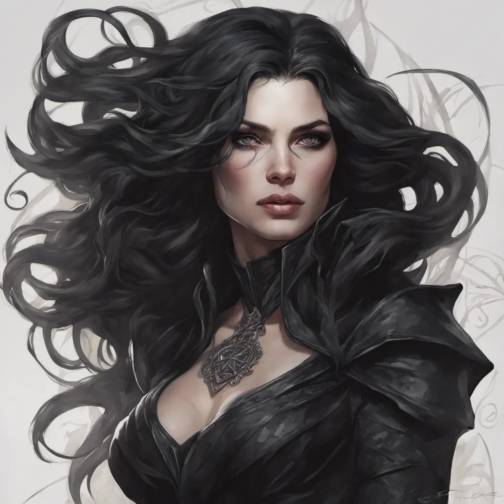 Alluring matte portrait of a fierce beautiful Yennefer in black, 8k, Highly Detailed, Intricate, Half Body, Realistic, Sharp Focus, Volumetric Lighting, Fantasy, Elegant by Stanley Artgerm Lau, Alphonse Mucha, WLOP, Stefan Kostic