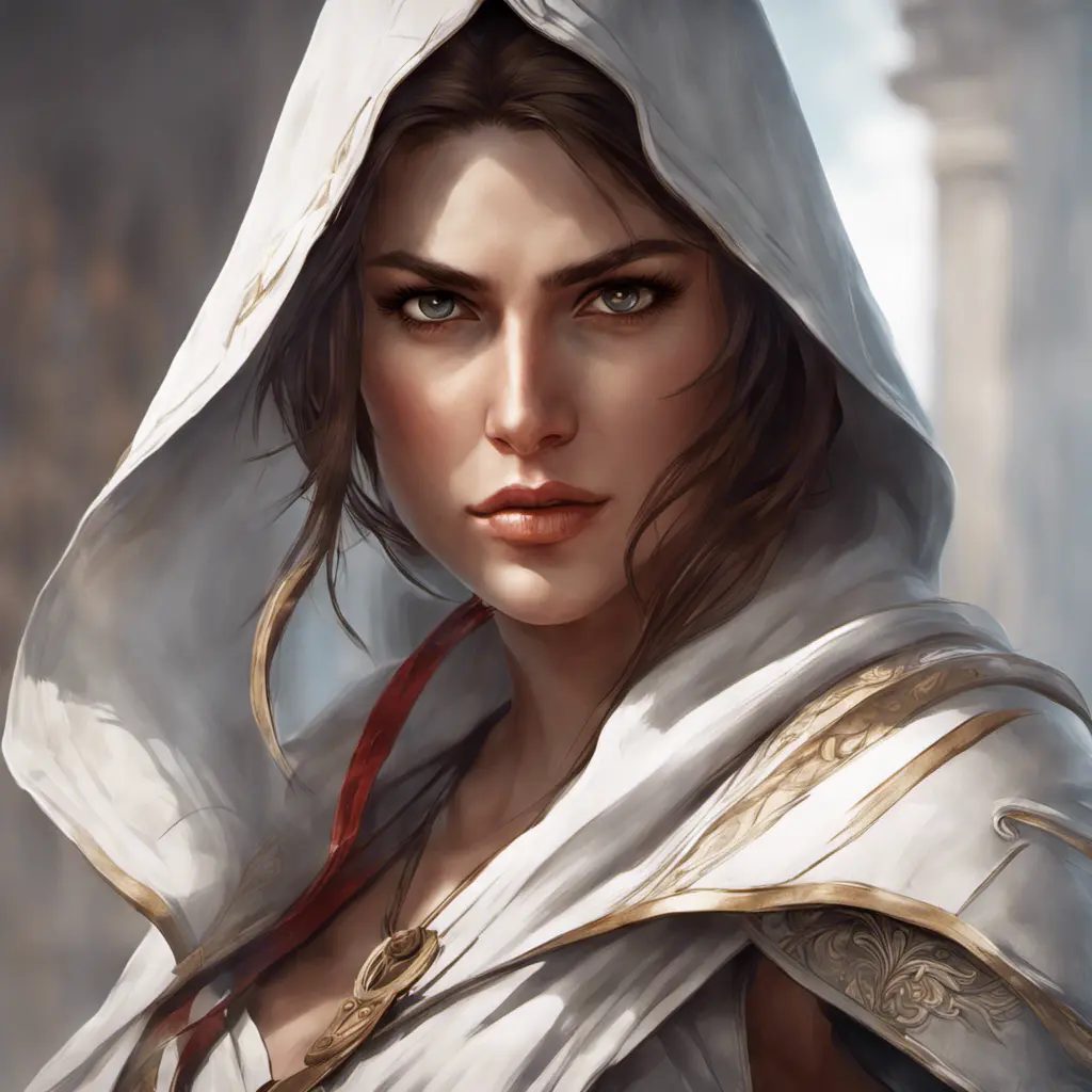 Alluring matte portrait of a fierce looking Kassandra in white Assassin's Creed style, 8k, Highly Detailed, Intricate, Half Body, Realistic, Sharp Focus, Volumetric Lighting, Fantasy, Elegant by Stanley Artgerm Lau, Alphonse Mucha, WLOP