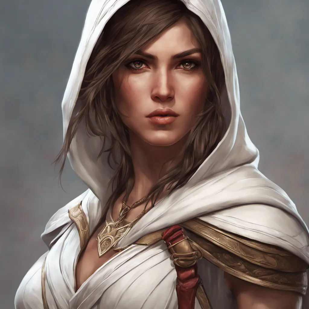 Alluring matte portrait of a fierce looking Kassandra in white Assassin's Creed style, 8k, Highly Detailed, Intricate, Half Body, Realistic, Sharp Focus, Volumetric Lighting, Fantasy, Elegant by Stanley Artgerm Lau, Alphonse Mucha, WLOP