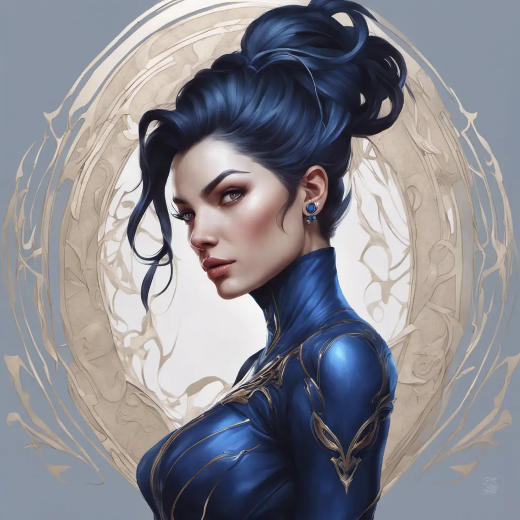 Alluring matte portrait of a beautiful Vayne in dark blue, 8k, Highly Detailed, Intricate, Half Body, Realistic, Sharp Focus, Volumetric Lighting, Fantasy, Elegant by Stanley Artgerm Lau, Alphonse Mucha, WLOP, Stefan Kostic