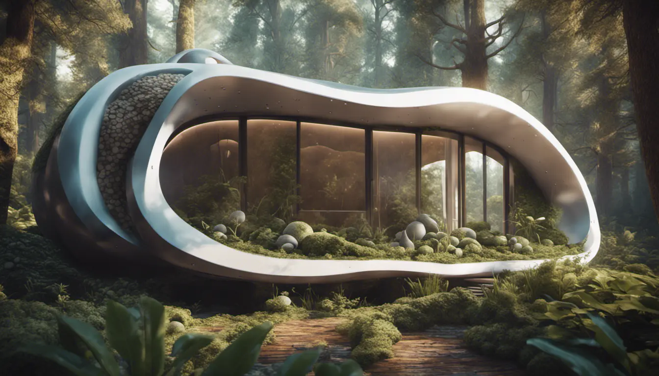 Beautiful futuristic organic house made from imaginary plants in a forest, 8k, Award-Winning, Highly Detailed, Beautiful, Epic, Octane Render, Unreal Engine, Radiant, Volumetric Lighting by Greg Rutkowski