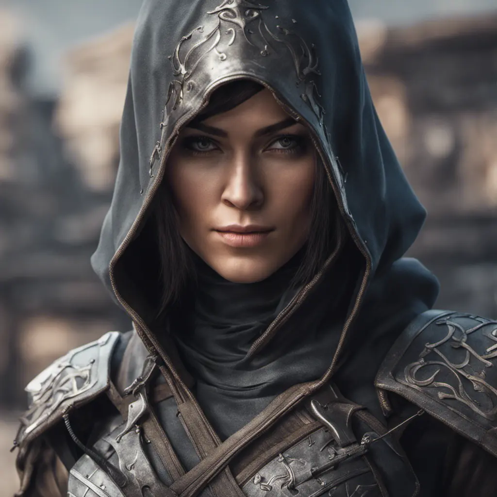 Alluring highly detailed matte portrait of beautiful female ninja wearing Assassin Creed armor in the style of Stefan Kostic, 8k, High Definition, Highly Detailed, Intricate, Half Body, Realistic, Sharp Focus, Fantasy, Elegant