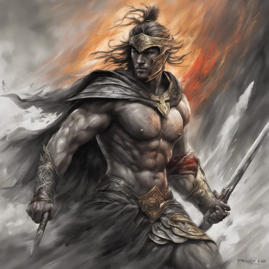 Achilles emerging from the fog of battle, Highly Detailed, Color Splash, Ink Art, Fantasy, Dark by Stanley Artgerm Lau