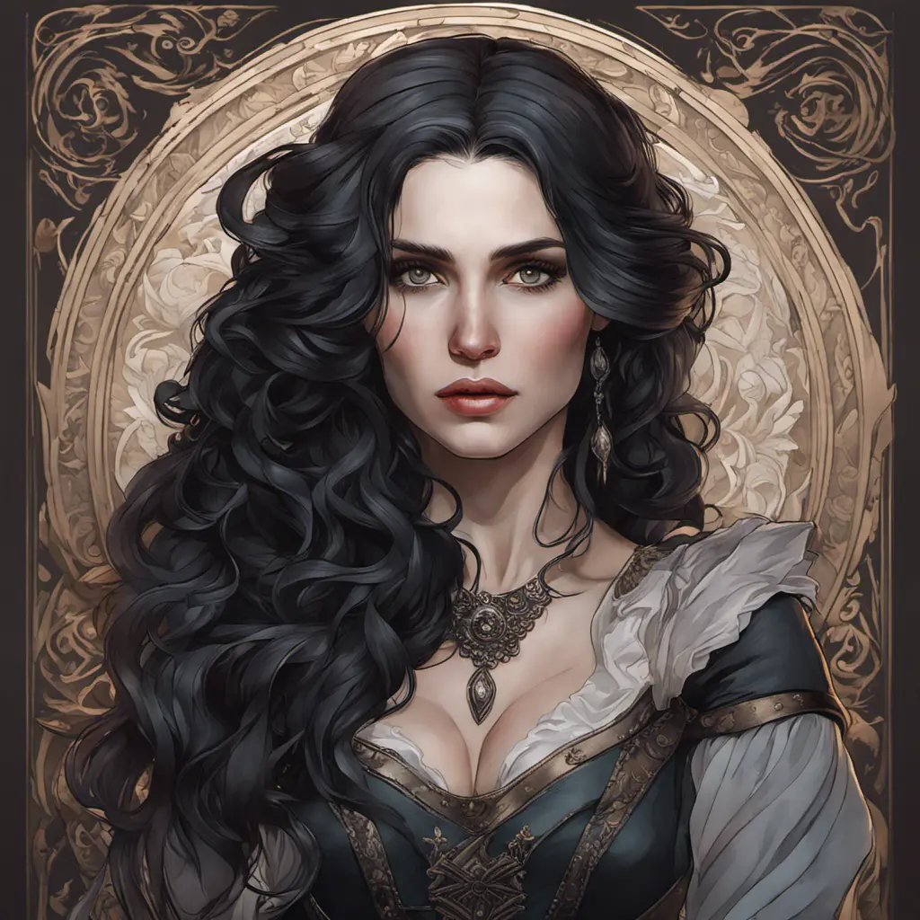 Alluring matte portrait of a beautiful Yennefer, 8k, Highly Detailed, Intricate, Half Body, Realistic, Sharp Focus, Volumetric Lighting, Fantasy, Elegant by Alphonse Mucha