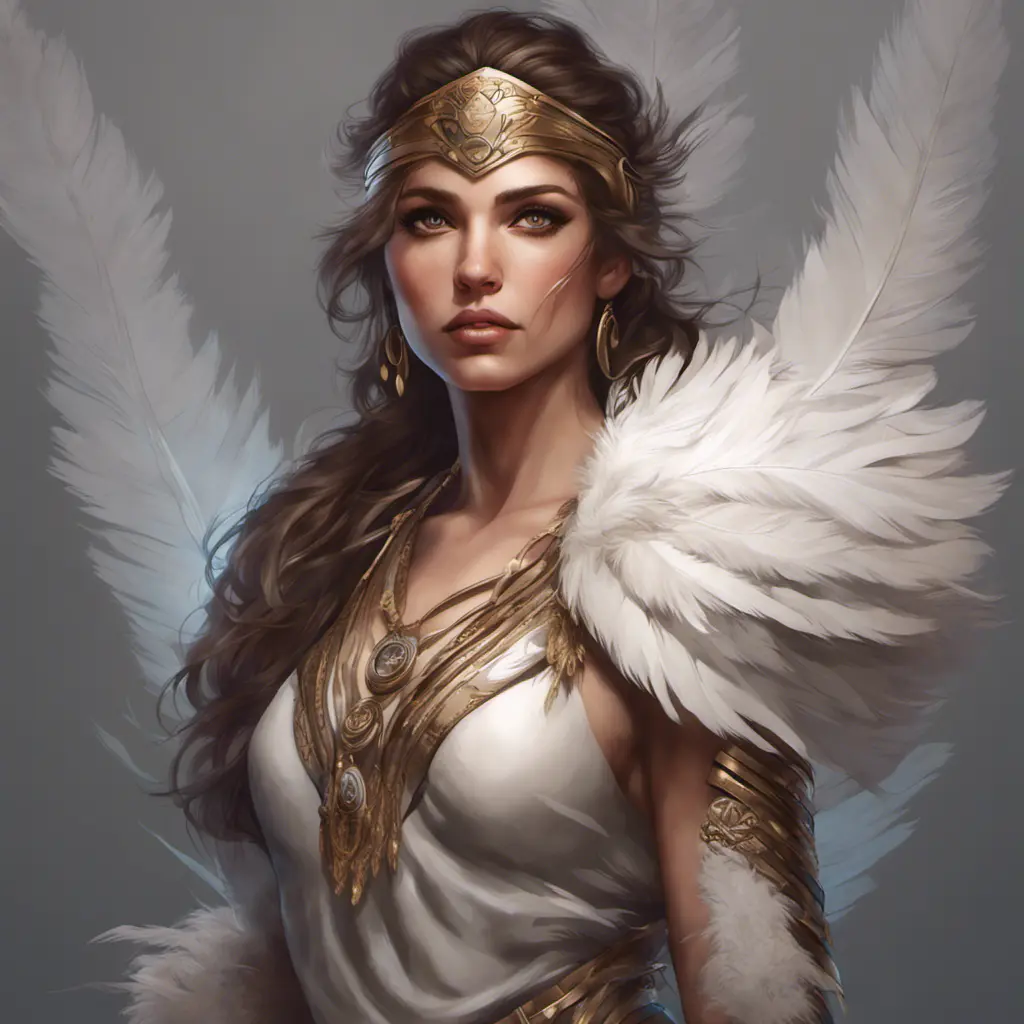 Alluring matte portrait of a beautiful Kassandra wearing feathers, 8k, Highly Detailed, Intricate, Half Body, Realistic, Sharp Focus, Volumetric Lighting, Fantasy, Elegant by Stanley Artgerm Lau, Alphonse Mucha, WLOP