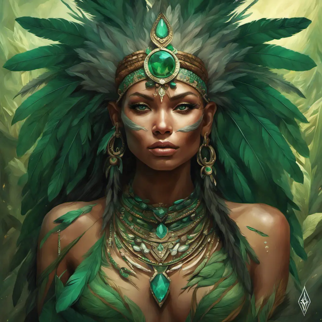 Visionary painting of an alluring mystical tribal goddess surrounded by feathers and emerald gemstones, 8k, Highly Detailed, Intricate, Artstation, Matte Painting, Sharp Focus, Volumetric Lighting, Concept Art by Stanley Artgerm Lau, Greg Rutkowski