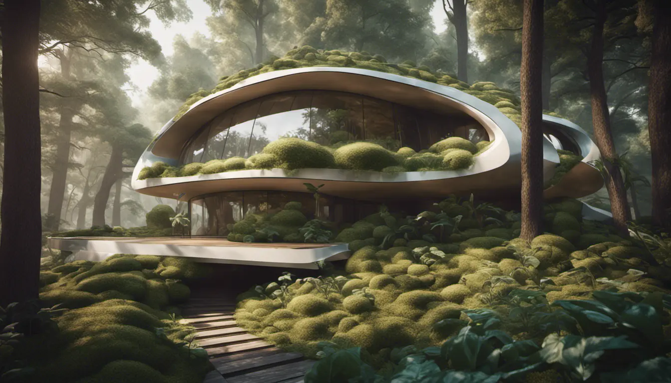 Beautiful futuristic organic house made from imaginary plants in a forest, 8k, Award-Winning, Highly Detailed, Beautiful, Epic, Octane Render, Unreal Engine, Radiant, Volumetric Lighting by Greg Rutkowski