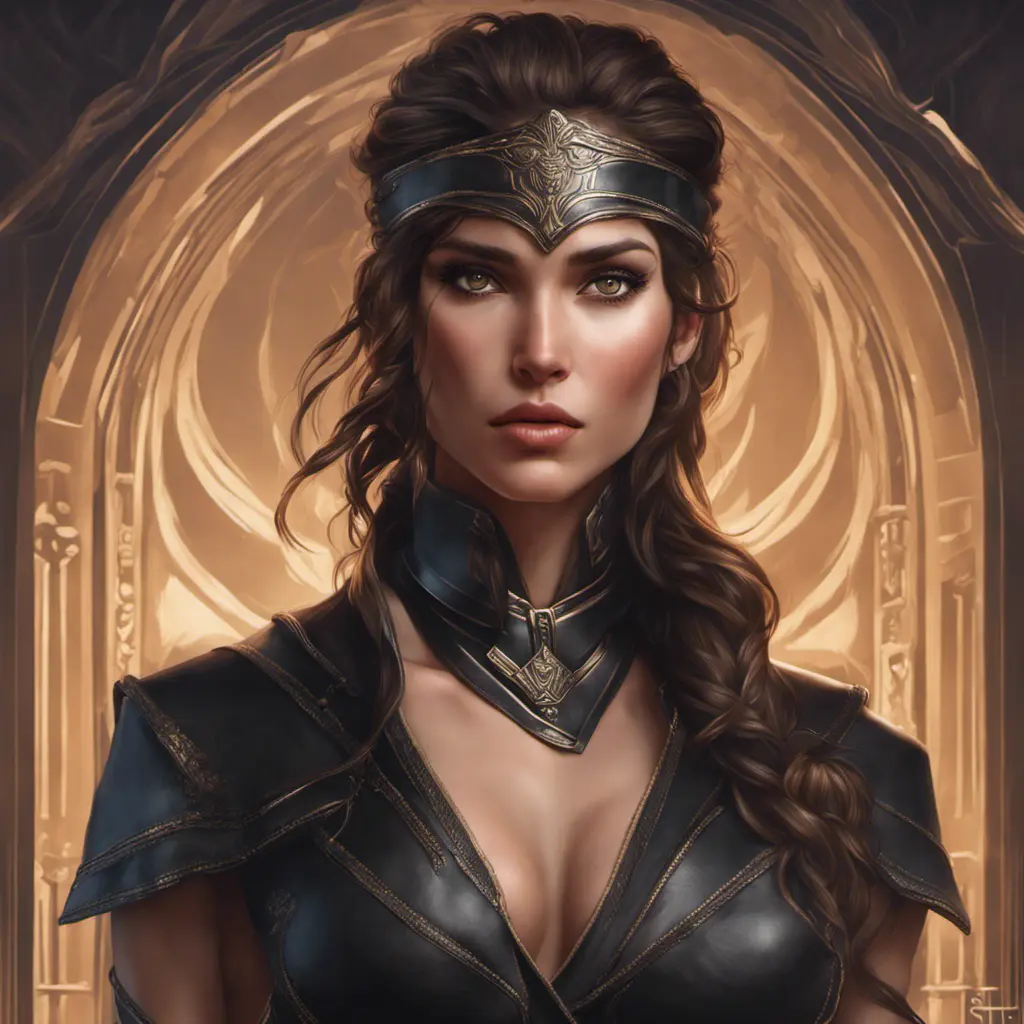 Alluring matte portrait of a beautiful Kassandra wearing black leather, 8k, Highly Detailed, Intricate, Half Body, Realistic, Sharp Focus, Volumetric Lighting, Fantasy, Elegant by Stanley Artgerm Lau, Alphonse Mucha, WLOP, Stefan Kostic