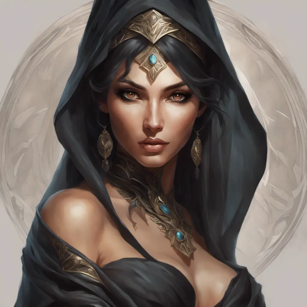 Alluring matte portrait of a beautiful veiled Nidalee wearing a black veil, 8k, Highly Detailed, Intricate, Half Body, Realistic, Sharp Focus, Volumetric Lighting, Fantasy, Elegant by Stanley Artgerm Lau, Alphonse Mucha, WLOP