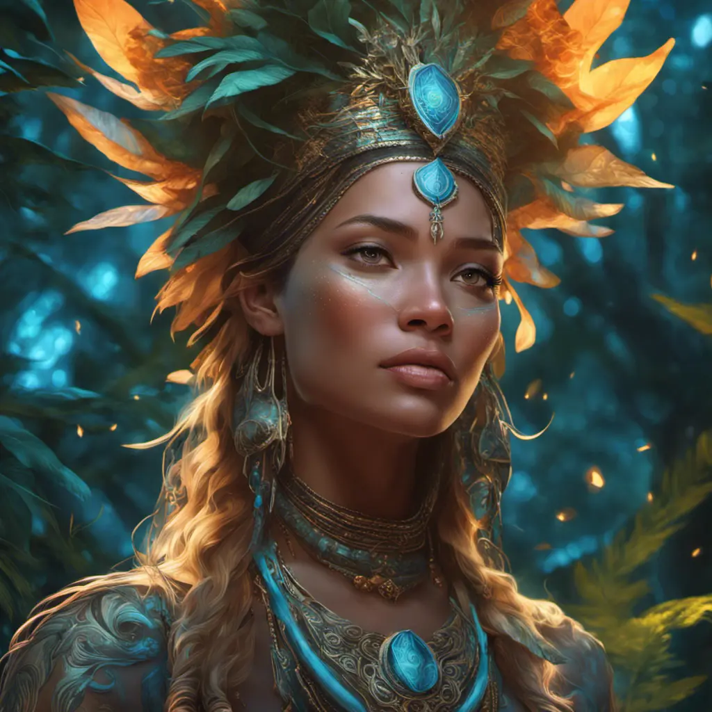 Closeup of a beautiful tribal queen in a magical forest, 4k, Highly Detailed, Masterpiece, Pretty Face, Digital Illustration, Cinematic Lighting, Realistic, Sharp Focus, Centered, Beautifully Lit, Bioluminescent by Stanley Artgerm Lau, Alphonse Mucha, Greg Rutkowski, Stefan Kostic