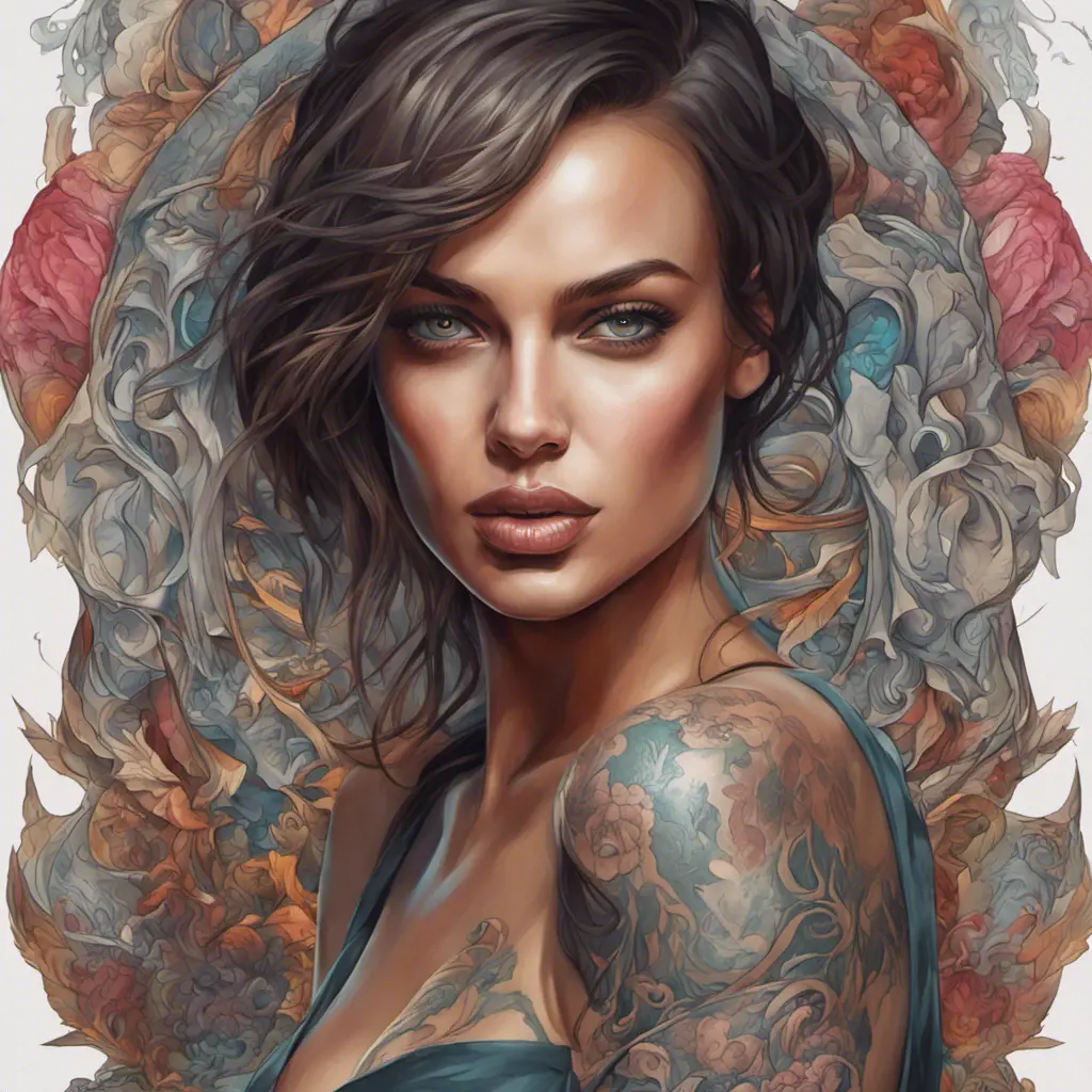 Colorful portrait of a tattooed Irina Shayk with a grey scale face, 4k, Highly Detailed, Hyper Detailed, Powerful, Artstation, Vintage Illustration, Digital Painting, Sharp Focus, Smooth, Concept Art by Stanley Artgerm Lau, Alphonse Mucha, Greg Rutkowski