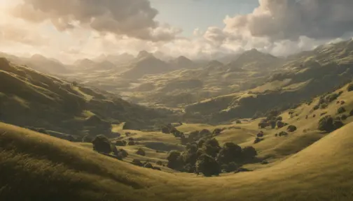 Scenic rolling hills from Lord of the Rings, 8k, Intricate Details, Ultra Detailed, Pretty Face, Symmetrical Face, Realistic, Octane Render, Unreal Engine, Concept Art by Alphonse Mucha, Greg Rutkowski