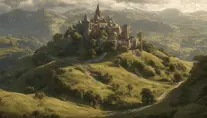 Scenic rolling hills from Lord of the Rings, 8k, Intricate Details, Ultra Detailed, Pretty Face, Symmetrical Face, Realistic, Octane Render, Unreal Engine, Concept Art by Alphonse Mucha, Greg Rutkowski