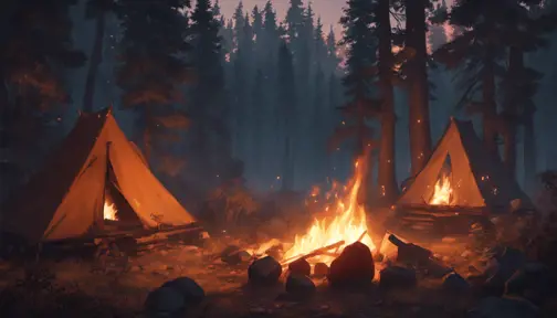A highly detailed matte painting of a camp fire in the forest at night in the style of Firewatch, 4k resolution, Masterpiece, Trending on Artstation, Volumetric Lighting by Stanley Artgerm Lau, Greg Rutkowski, Makoto Shinkai, WLOP