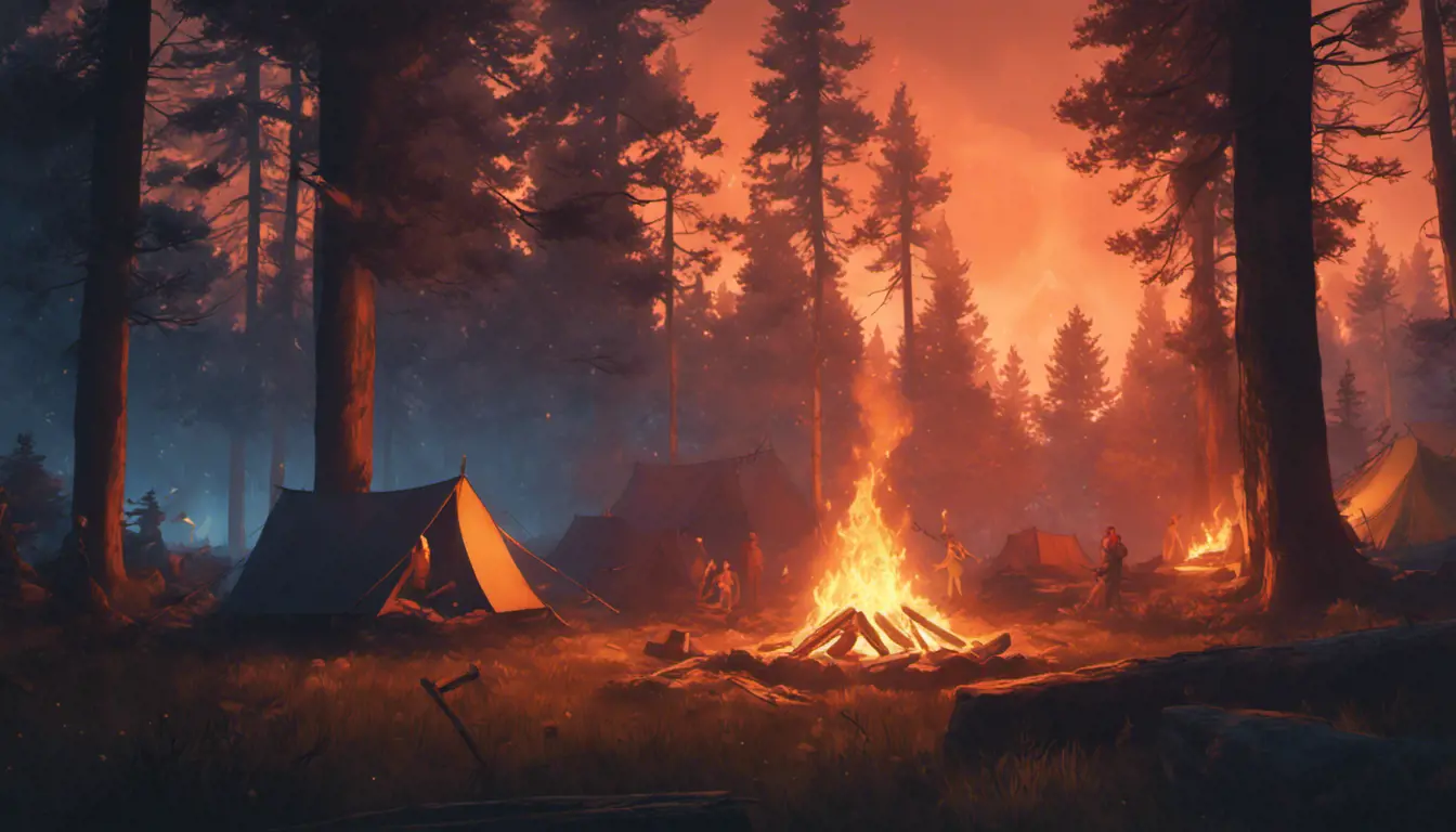 A highly detailed matte painting of a camp fire in the forest at night in the style of Firewatch, 4k resolution, Masterpiece, Trending on Artstation, Volumetric Lighting by Stanley Artgerm Lau, Greg Rutkowski, Makoto Shinkai, WLOP