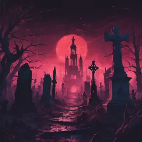 Hyper Detailed illustration of an eerie dystopian graveyard at night, 8k, Gothic and Fantasy, Horror, Epic, Sharp Focus, Deviantart by Alena Aenami, Studio Ghibli