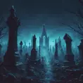 Hyper Detailed illustration of an eerie dystopian graveyard at night, 8k, Gothic and Fantasy, Horror, Epic, Sharp Focus, Deviantart by Alena Aenami, Studio Ghibli