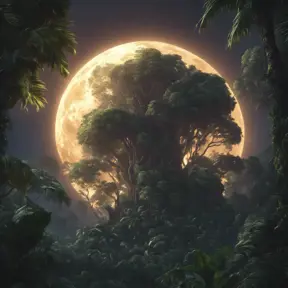 Moonrise over an epic jungle, Highly Detailed, Intricate, Cinematic Lighting, Unreal Engine, Radiant, Fantasy by Stanley Artgerm Lau