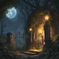 A beautiful digital illustration painting of a detailed gothic fantasy fireflies forest trees and iron gate cobblestone pathway vines full moon, 8k, Artstation, Digital Illustration, Concept Art by Justin Gerard, James Gurney