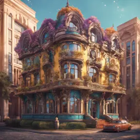 art nuveau exterior fantasy colorful building office space futuristic rococco baroques victorian, 8k, Highly Detailed, Hyper Detailed, Masterpiece, Vintage Illustration, Cinematic Lighting, Photo Realistic, Sharp Focus, Smooth, Octane Render, Digital Art, Vector Art, Soft