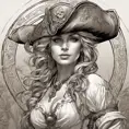 Alluring matte portrait of a beautiful female Pirate, 8k, Highly Detailed, Intricate, Half Body, Realistic, Sharp Focus, Volumetric Lighting, Fantasy, Elegant by Alphonse Mucha