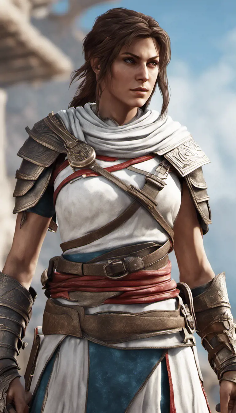 Closeup of Kassandra from Assassins Creed in white armor, 8k, Highly Detailed, Artstation, Beautiful, Digital Illustration, Sharp Focus, Unreal Engine, Concept Art